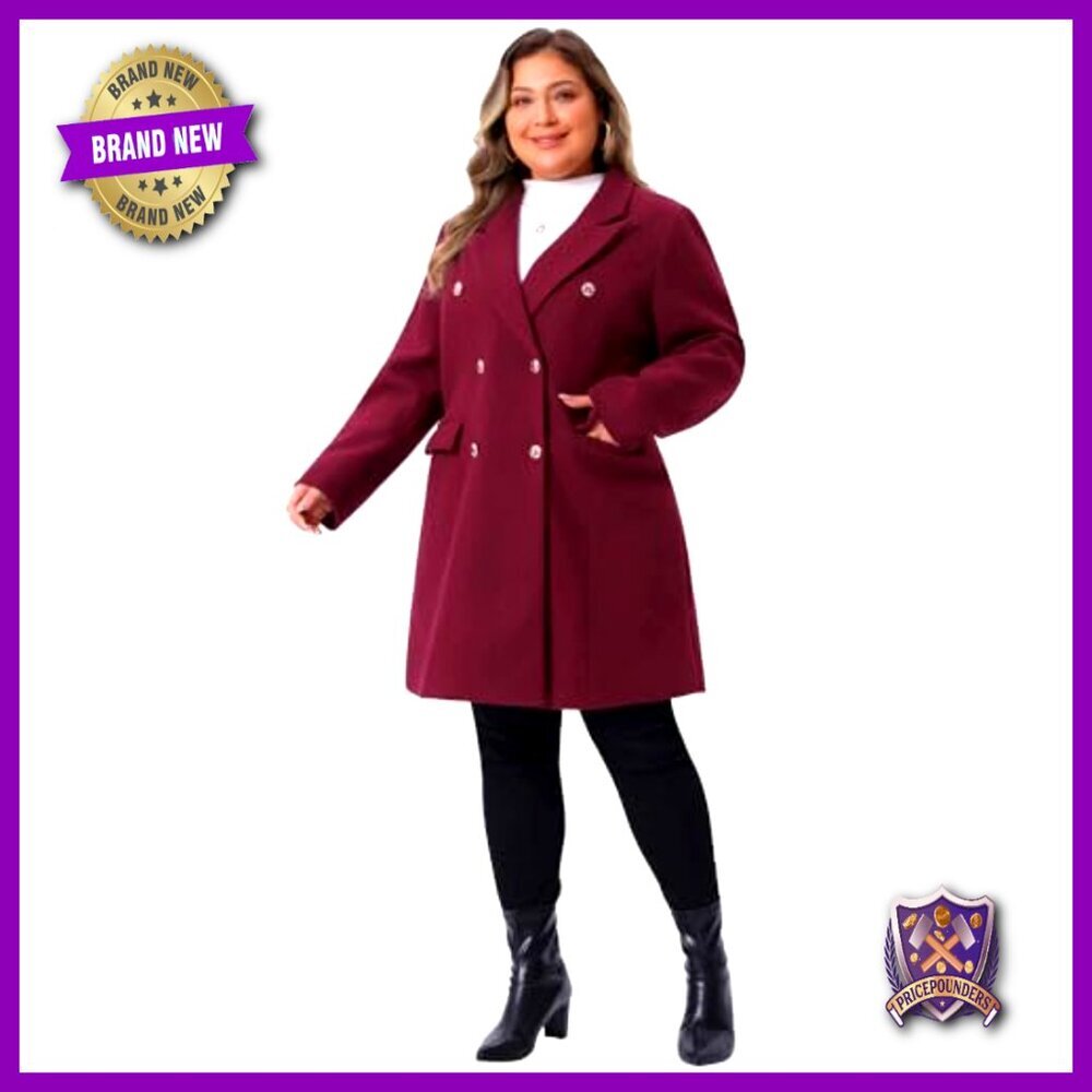 Plus Size Wool Pea Coat Double Breasted Notch Lapel Long Trench Elegant Chic - Picture 3 of 6